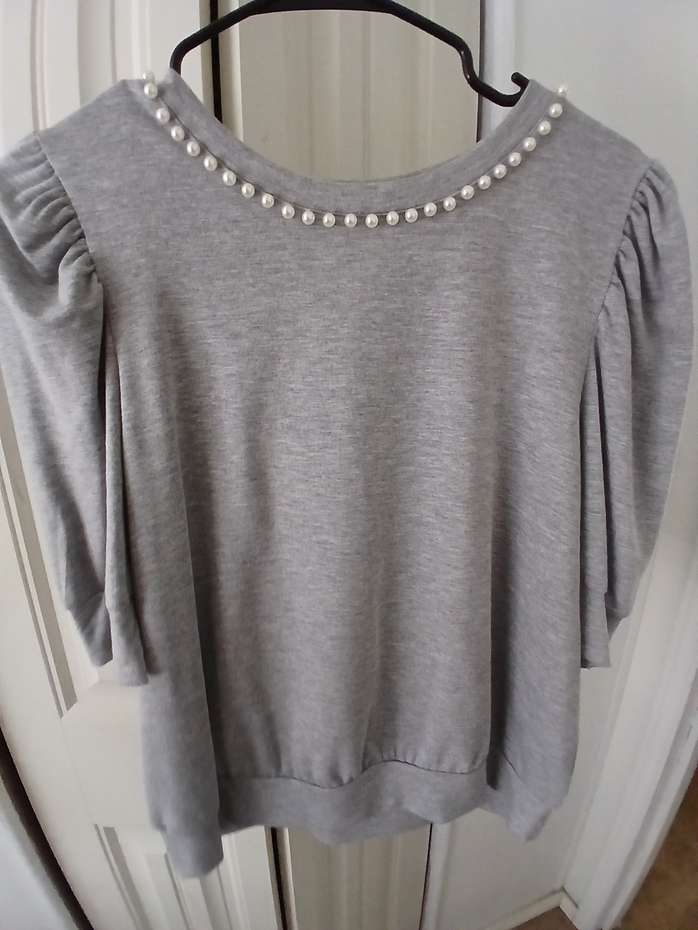 Notations Gray Pearl-Trim Puff Sleeve Sweatshirt